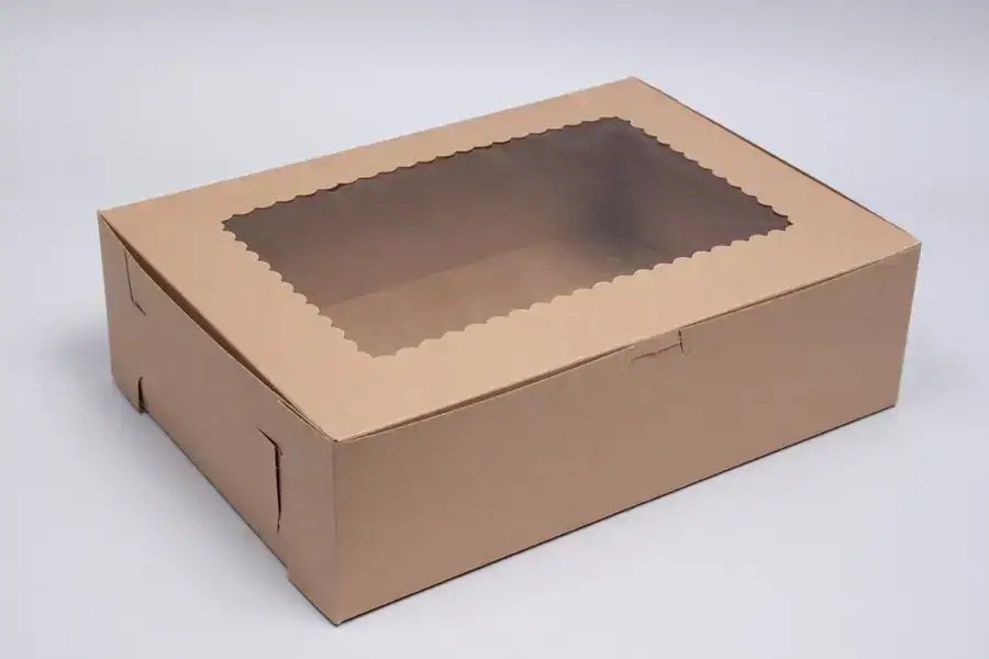 Kraft cupcake box with window and lock corner for bakery packaging.