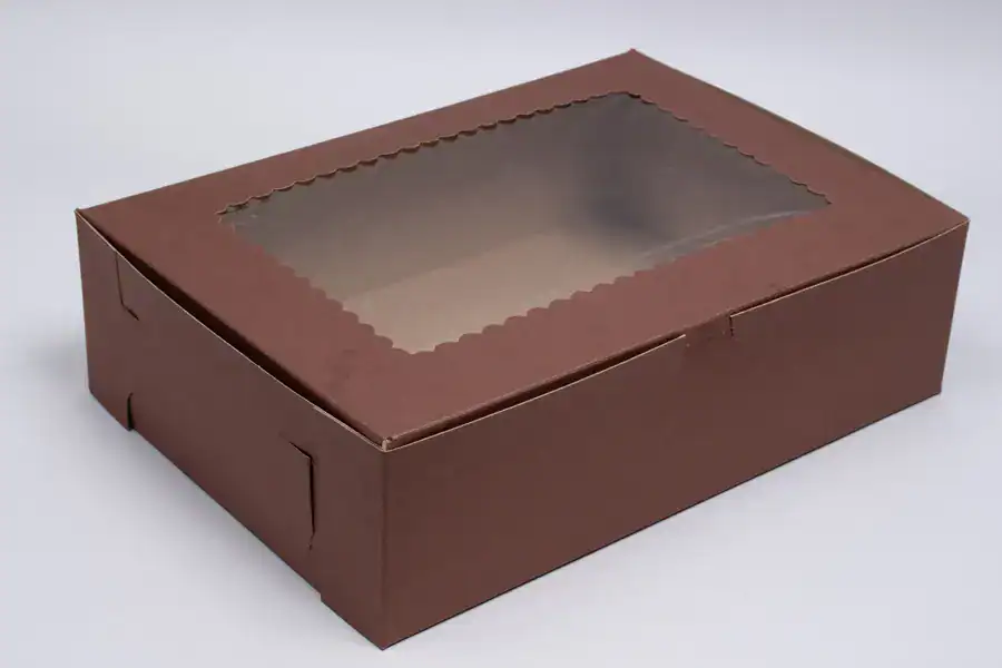 Brown cupcake box with clear window for display, 14x10x4 inches, chocolate color.