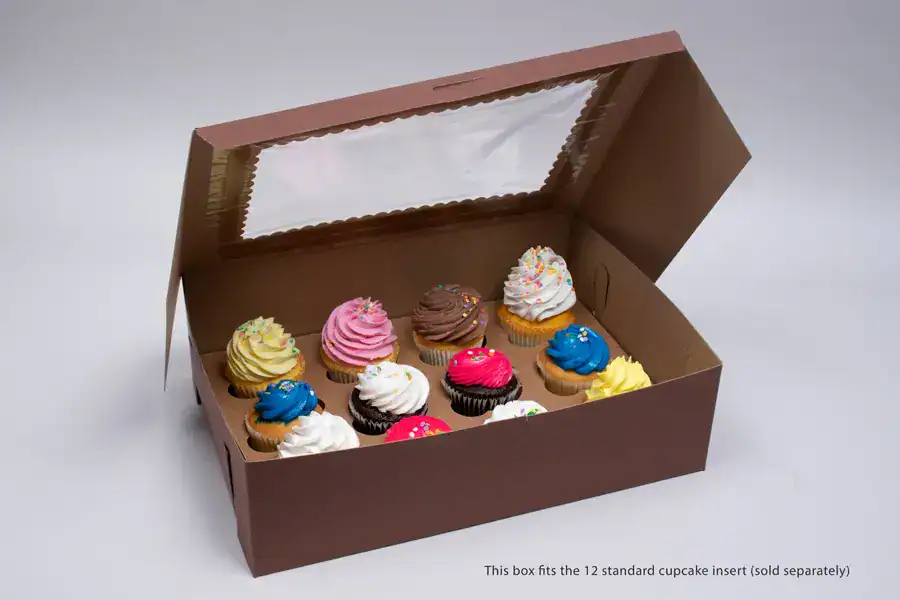 Cupcake box with window, 14x10x4, chocolate cocoa, lock corner design.