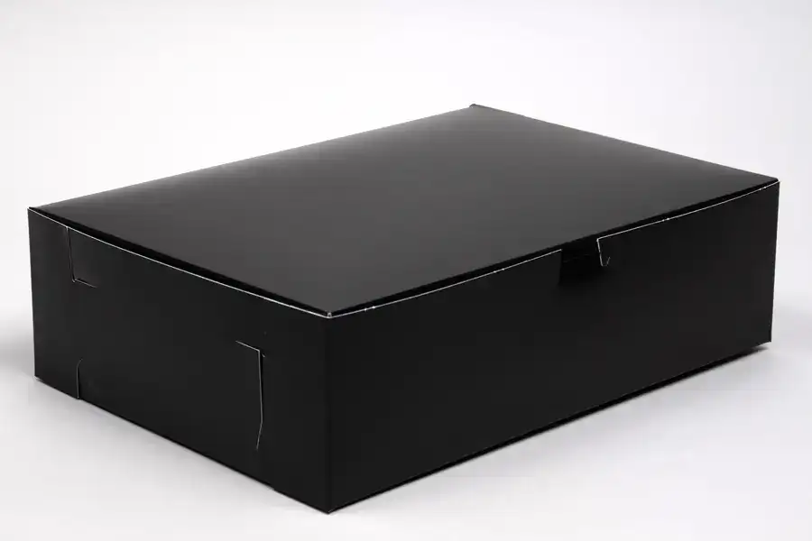 Black bakery box with a sleek, glossy finish, perfect for packaging baked goods.