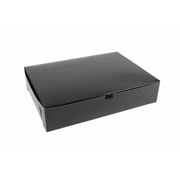 Black bakery box for packaging baked goods and pastries.