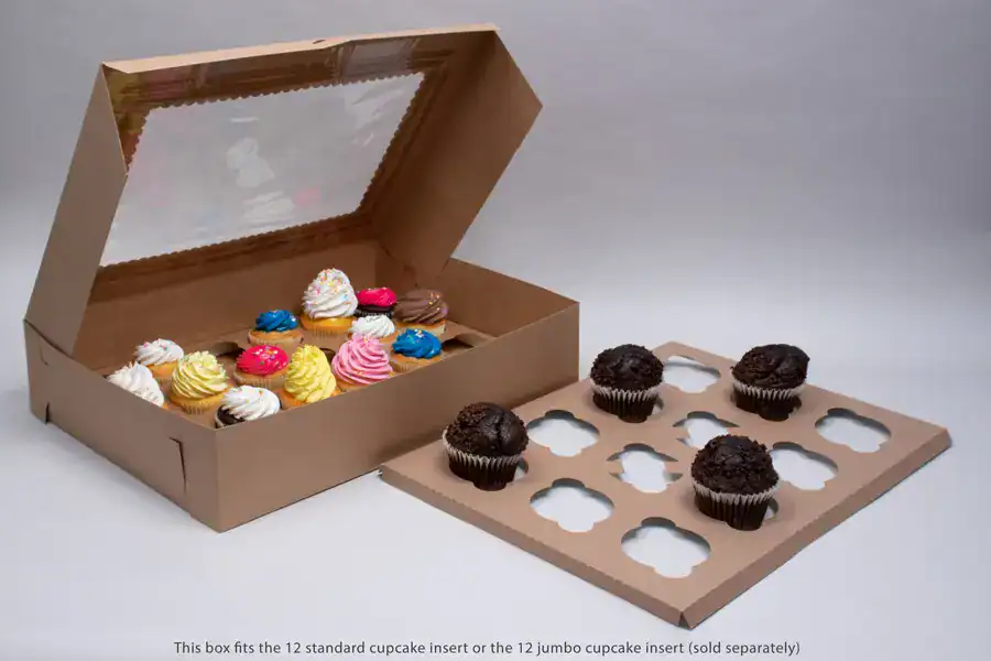 Kraft cupcake box with window for bakery packaging, 19x14x4 inches, 1-piece lock corner design.