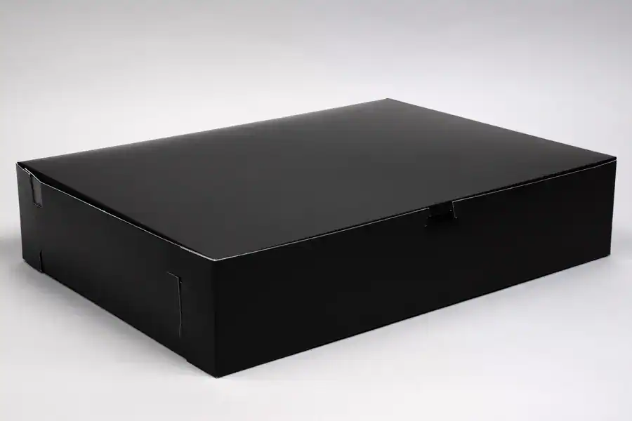 Black bakery box, 19x14x4 inches, perfect for baked goods and packaging needs.