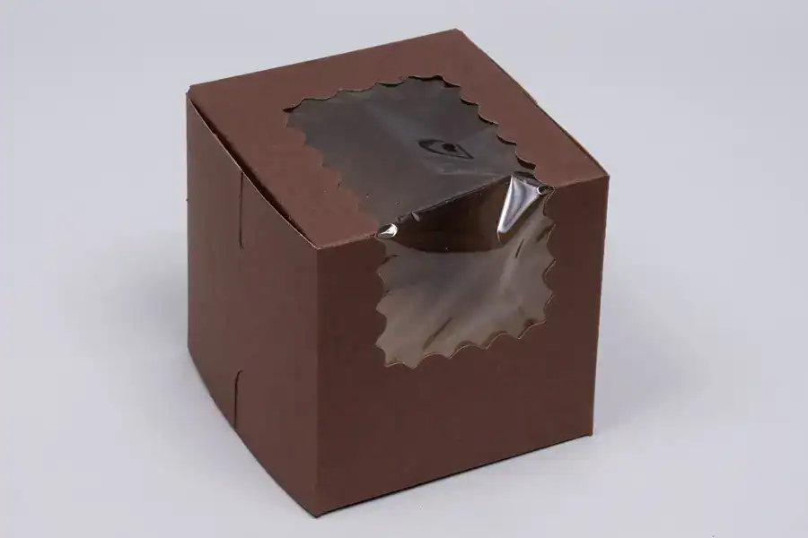 Box with clear window for cupcake display, chocolate brown color, 1-piece lock corner design.