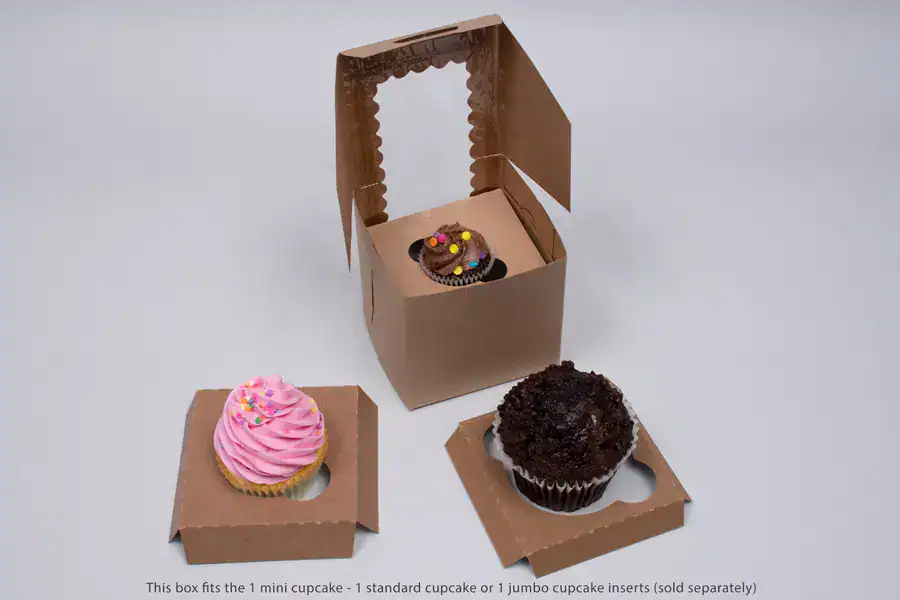 Eco-friendly kraft cupcake packaging with window for display.