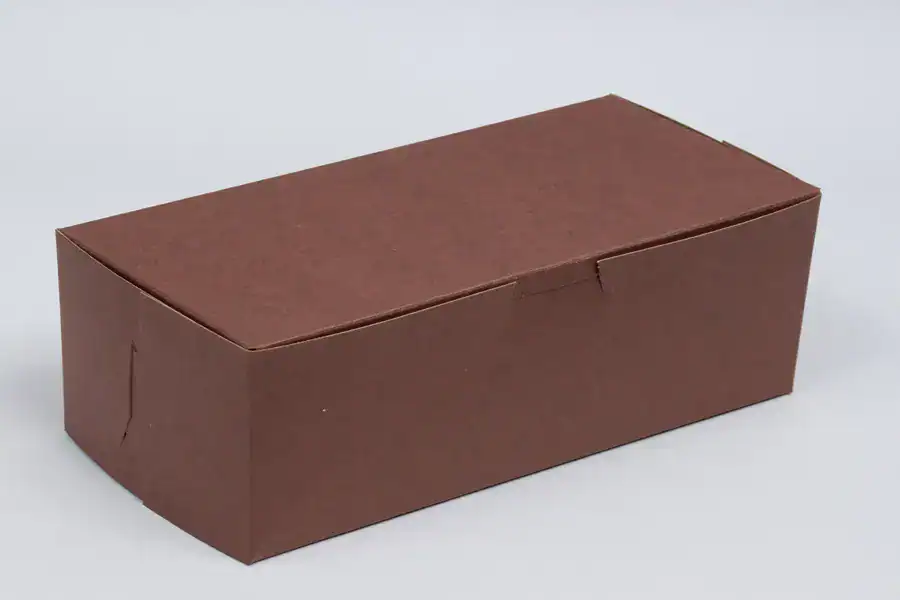 Bakery packaging box in chocolate cocoa color, 6-1/2 x 3-3/4 x 2-1/8 inches, with a secure lock corn.