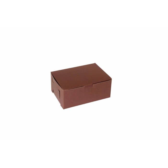Small chocolate brown bakery box with 7x5x3 dimensions and lock corner design.