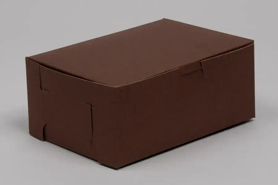Bakery box with 7 x 5 x 3 dimensions, chocolate cocoa color, featuring a 1-piece lock corner for sec.