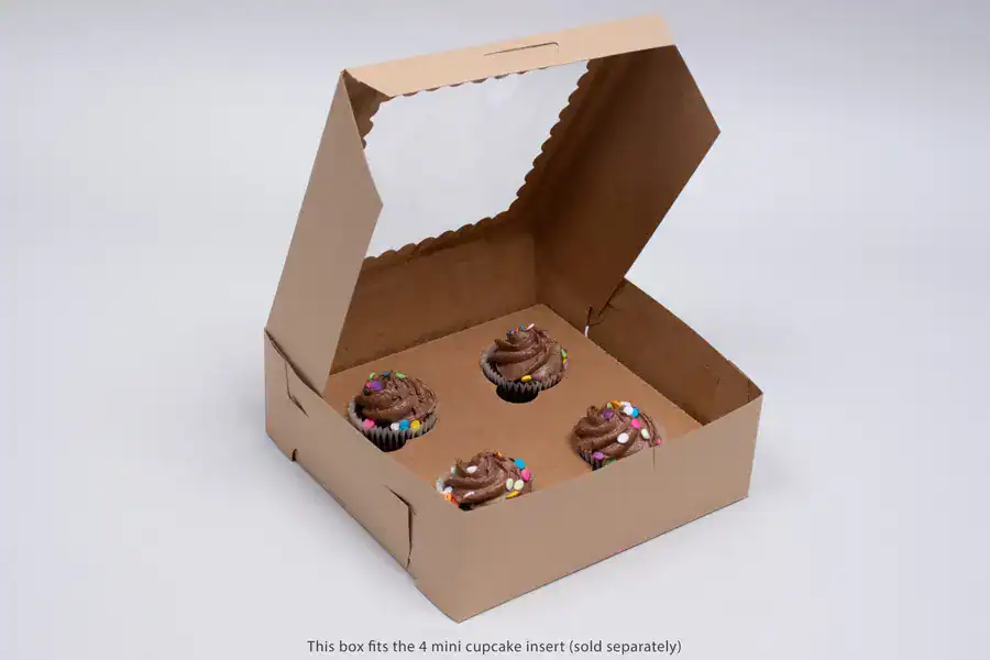 Kraft cupcake box with window and lock corner for bakery packaging.