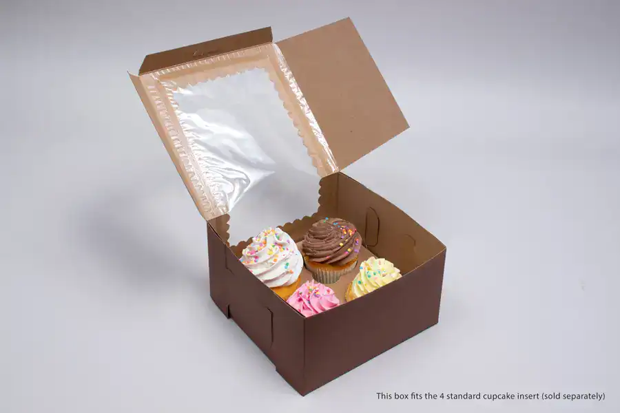 Cupcake box with window for 7x7x4 cupcakes, chocolate cocoa color.
