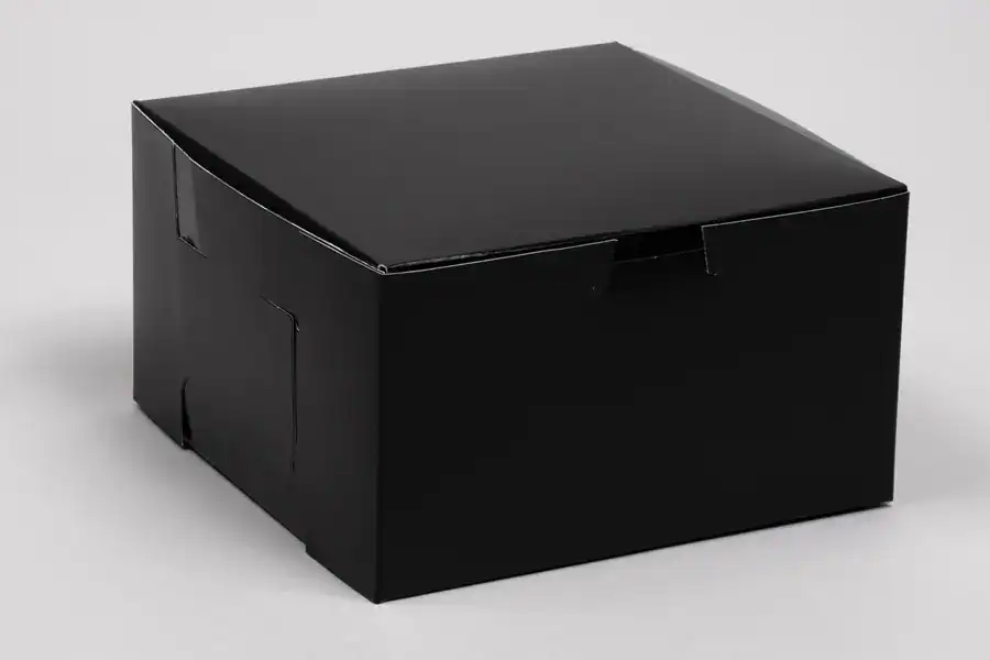 Black bakery box with a one-piece design, perfect for packaging baked goods.