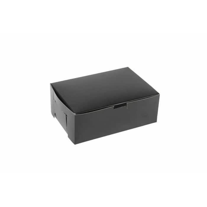 Black 8 x 5-1/2 x 3 one-piece bakery box for packaging baked goods.