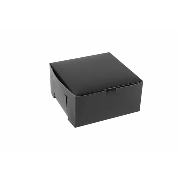 Black 8x8x4 bakery box for packaging baked goods and treats.
