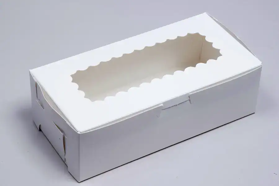 White cake box with clear window for bakery packaging.