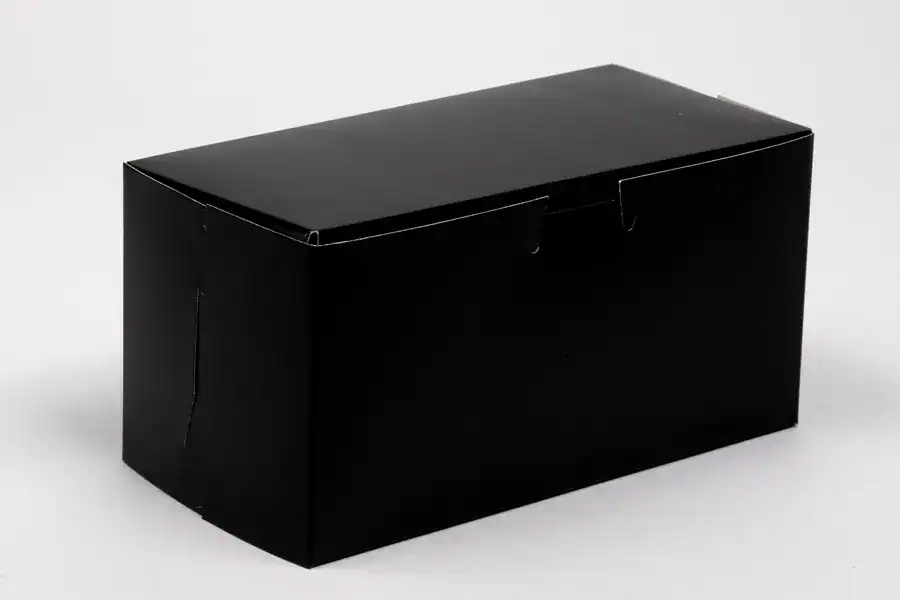 Black 8x4x4 one-piece bakery box for packaging baked goods.
