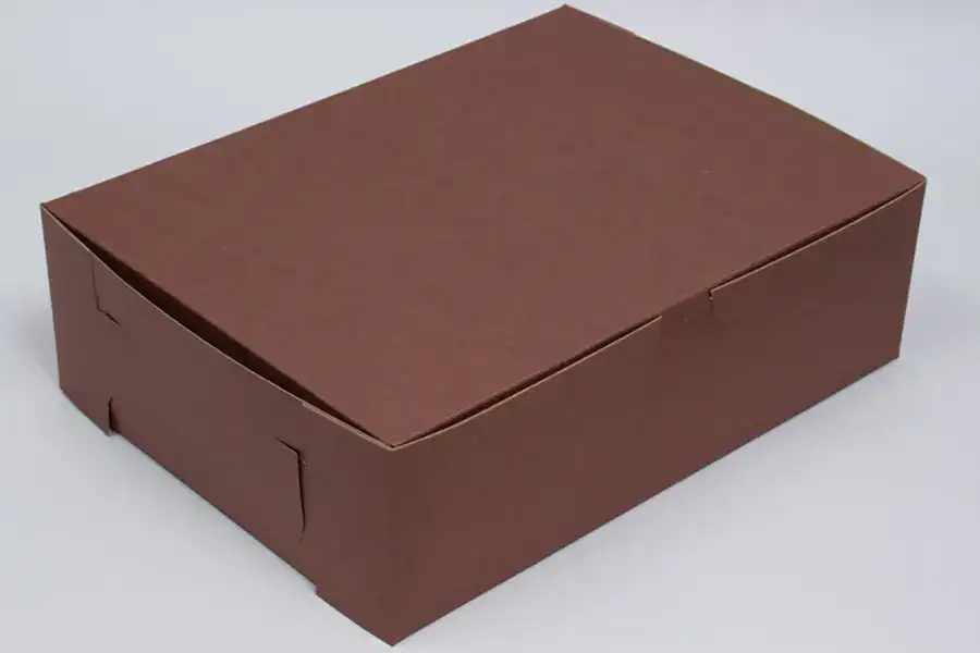 Brown bakery box with 8 x 5-1/2 x 3 dimensions and one-piece lock corner design.