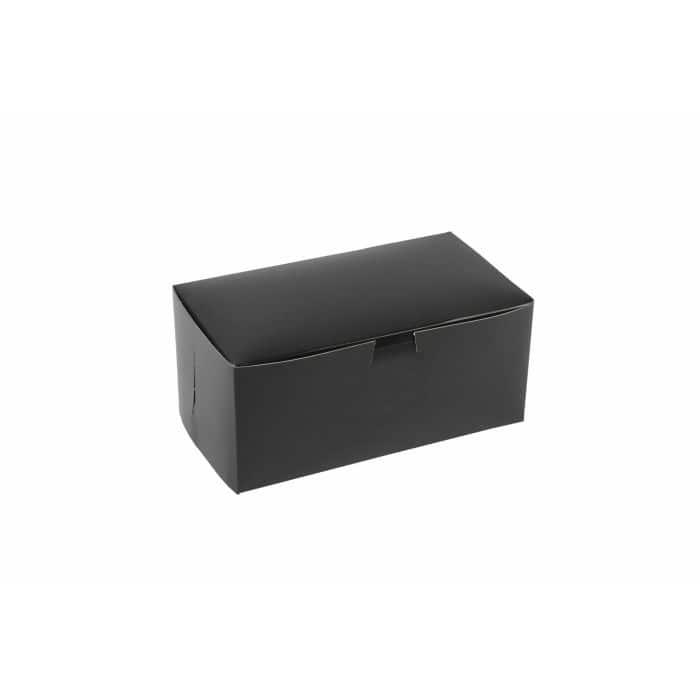 Black 9x5x4 bakery box for packaging baked goods and pastries.