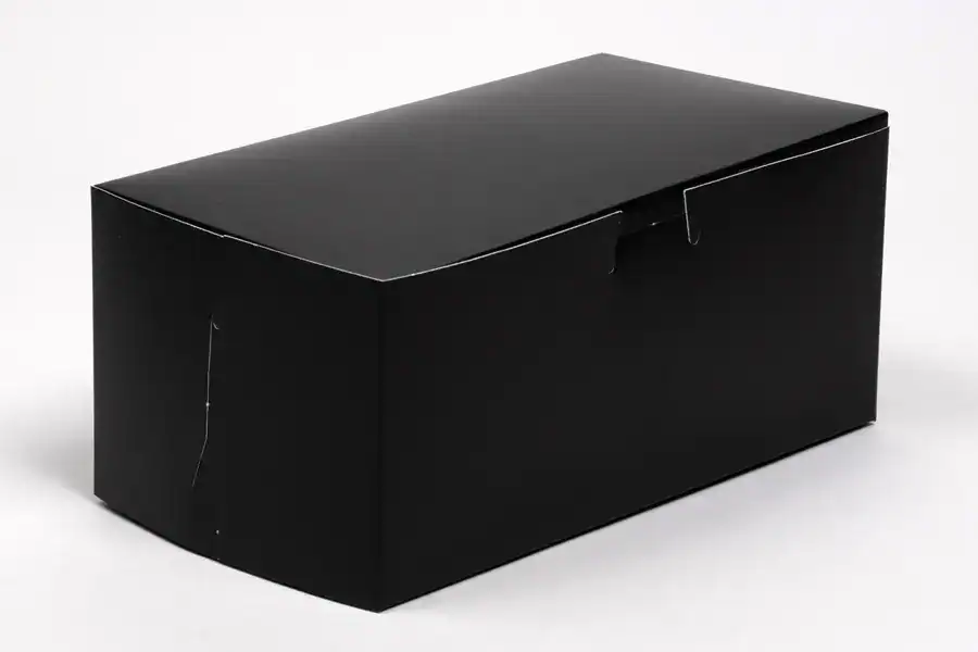 Elegant black gloss bakery box for packaging baked goods, measuring 9x5x4 inches, ideal for bakery a.
