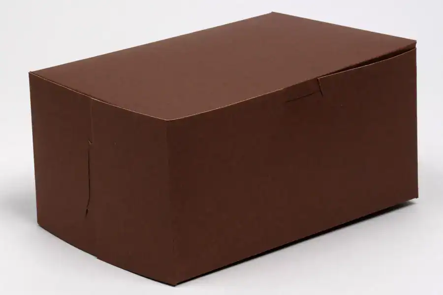 Bakery box with 9 x 5 x 4 dimensions, chocolate cocoa color, featuring 1-piece lock corner for secur.