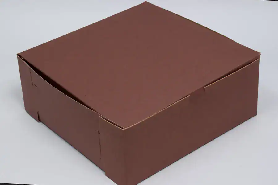 Brown bakery box for packaging baked goods and chocolates.