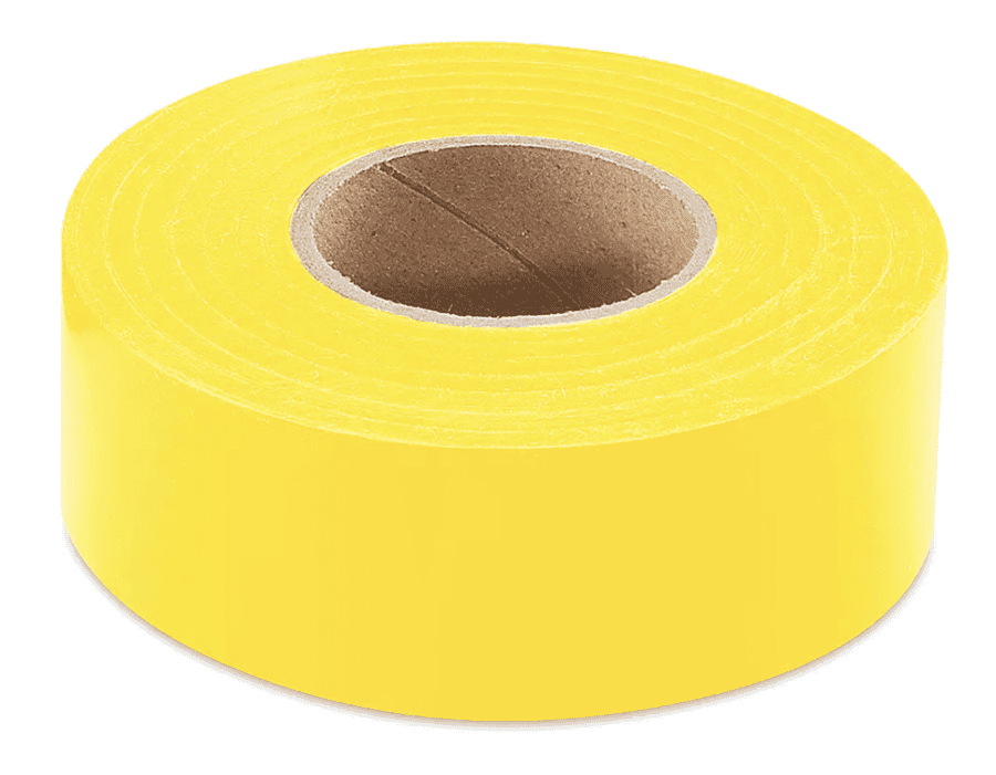 Bright yellow flagging tape for safety marking, 1 3/16W, perfect for construction and warning applic.