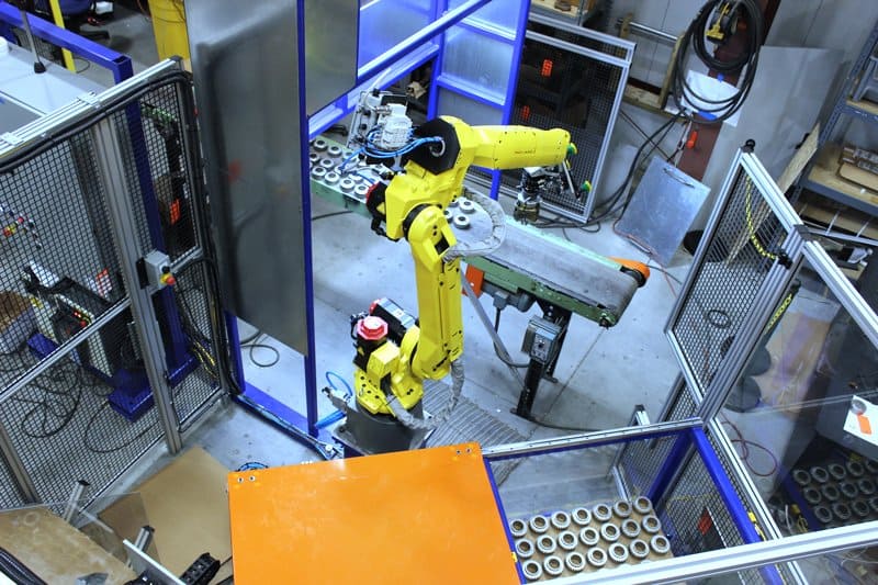 Overhead view of FANUC M-20iA robot with FANUC iRVision and line tracking
