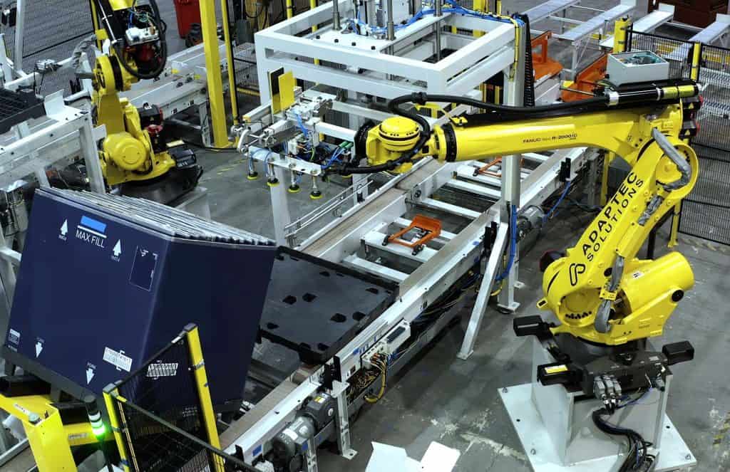 Close up of dual robot tote assembly