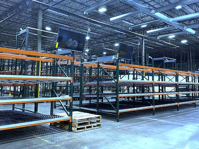 Industrial warehouse shelving setup for medical supply storage.