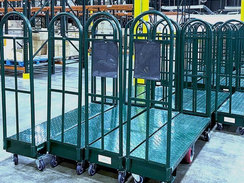 Warehouse carts for medical supply storage and logistics.