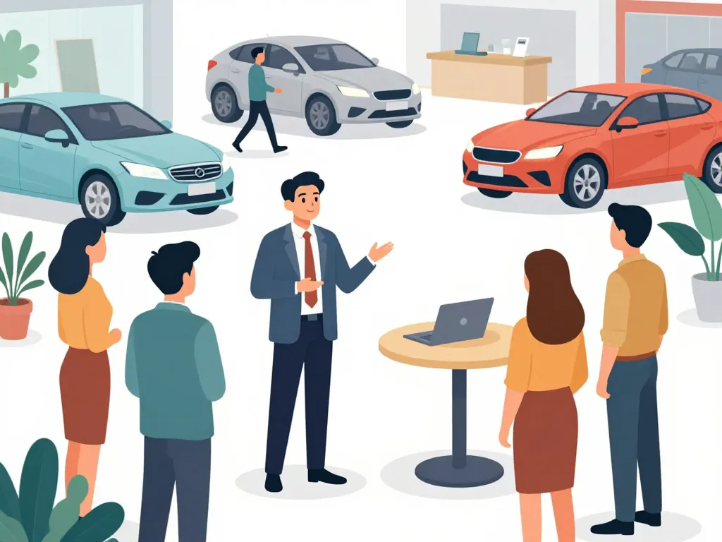 comment devenir vendeur automobile scène vendeur avec clients