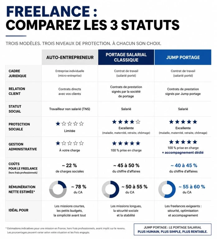 Comparatif des statuts freelances : auto-entrepreneur, portage salarial classique et Jump portage