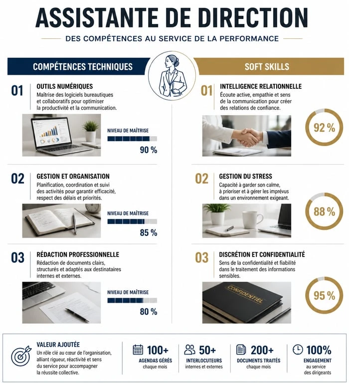 Infographie des compétences clés pour assistante de direction