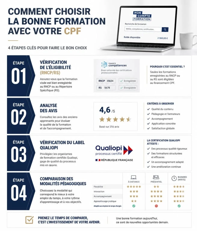 Infographie des étapes pour choisir la meilleure formation CPF et vérifier les certifications RNCP et RS