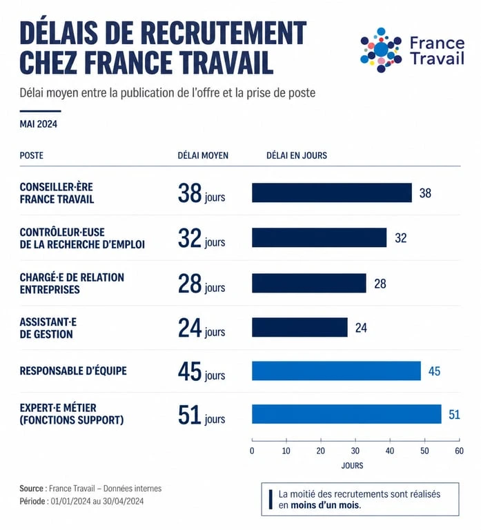 Infographie des délais de recrutement pour les postes de conseiller France Travail