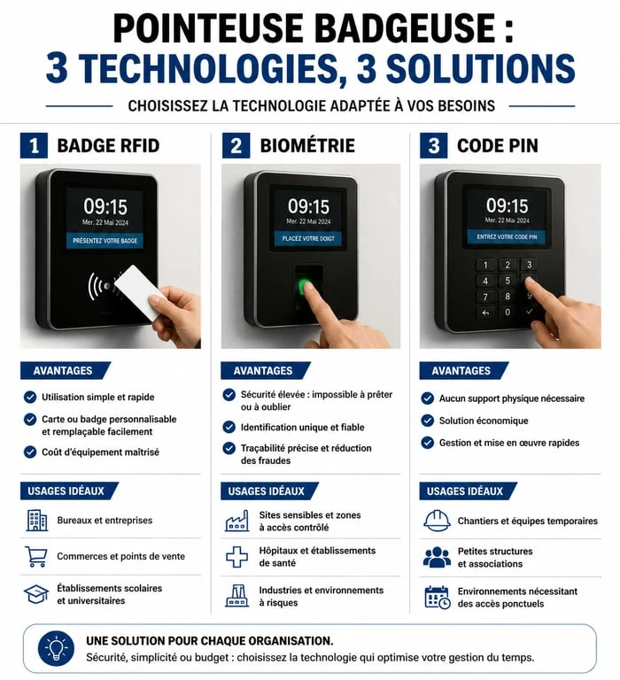 Comparatif des technologies de pointeuse badgeuse : RFID, biométrie et code PIN pour la gestion du temps.