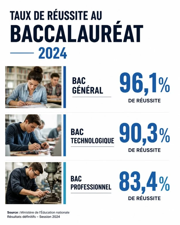 Taux de réussite au bac 2024 par filière : général, technologique et professionnel