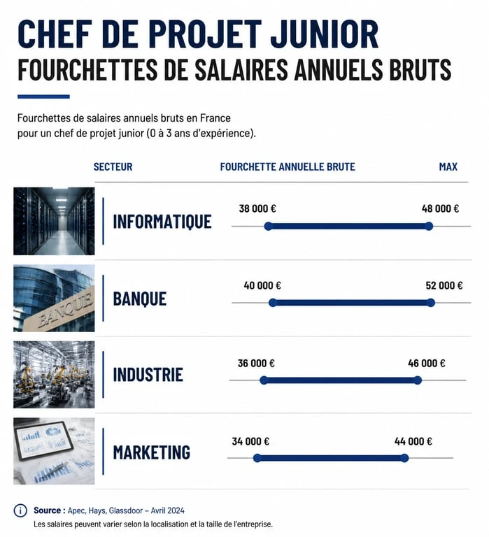Infographie des salaires annuels bruts d'un chef de projet junior par secteur d'activité