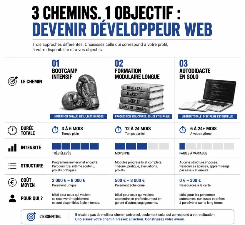 Infographie comparative des différentes modalités de formation à distance pour devenir développeur web