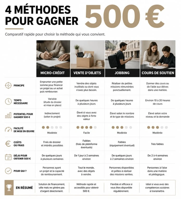 Infographie comparative des méthodes pour gagner 500 euros rapidement