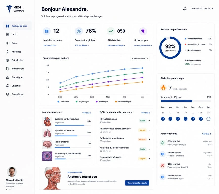 Interface de mon espace prepa back office pour le suivi de progression des étudiants en PASS et LAS