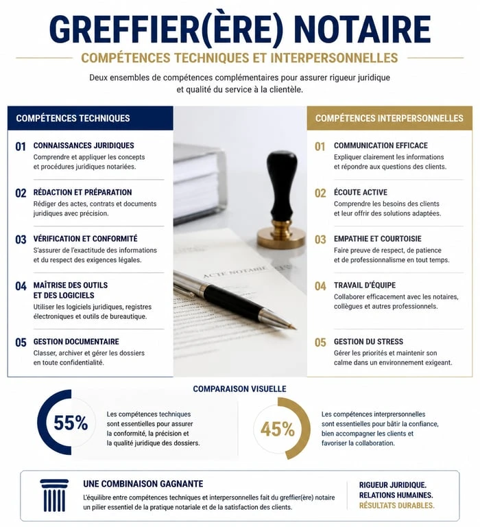 Infographie des compétences techniques et relationnelles pour une reconversion clerc de notaire