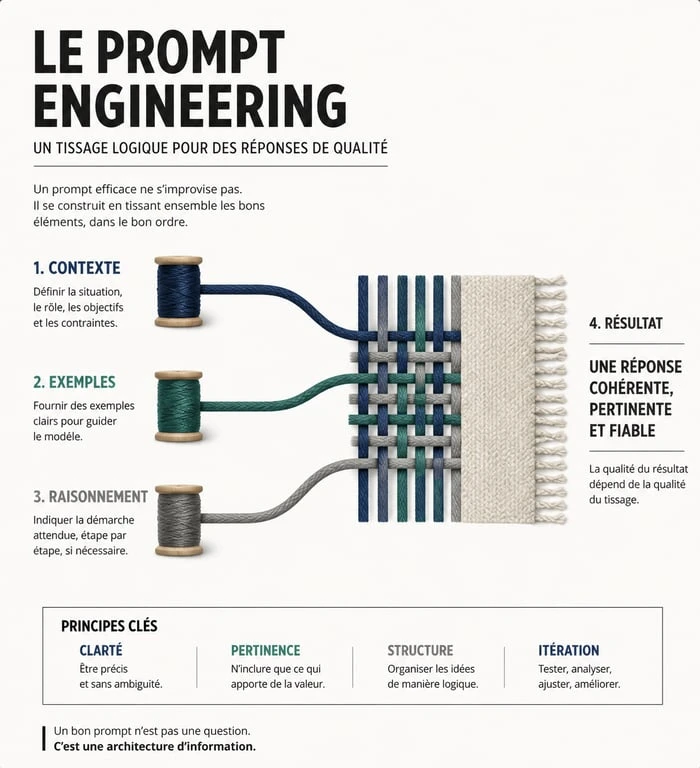 Infographie illustrant le processus de prompt engineering et la structuration des instructions pour l'IA