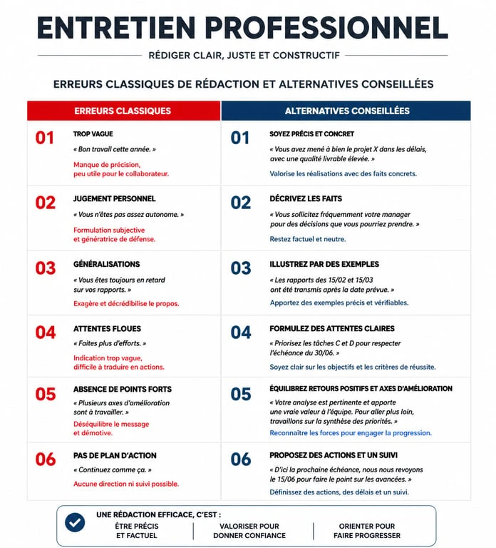 Infographie sur les bonnes pratiques de rédaction pour un commentaire d'entretien professionnel