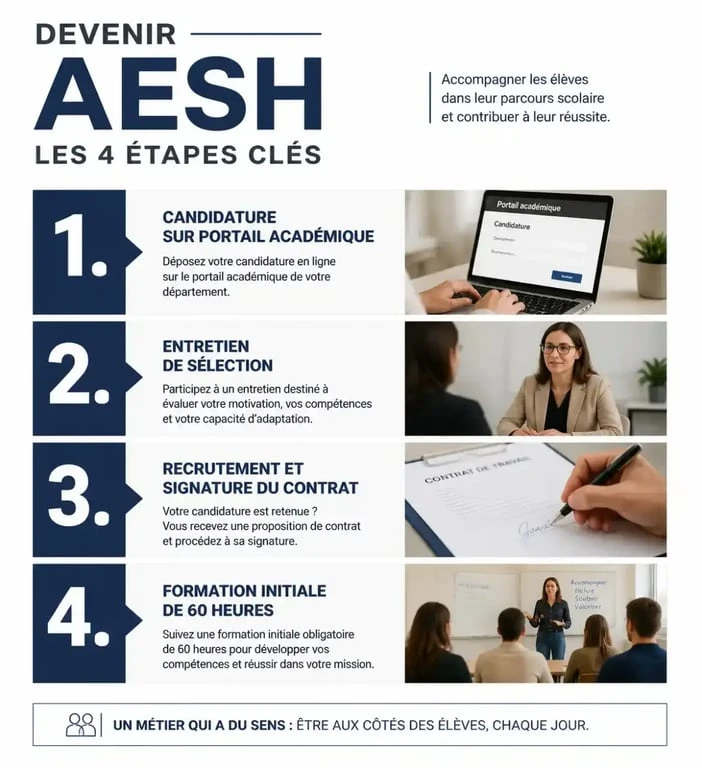 Infographie des étapes du parcours de recrutement pour devenir AESH