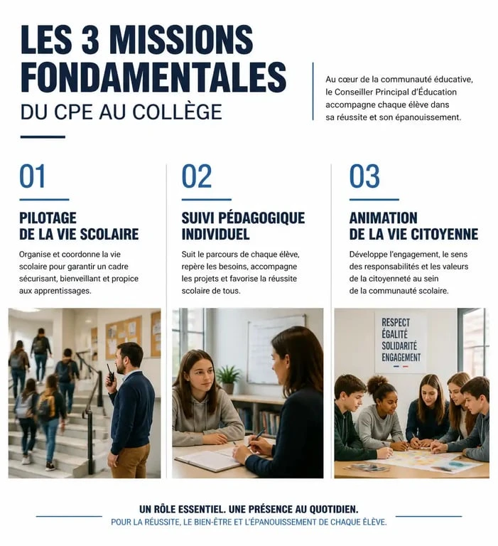 Infographie des trois missions du CPE collège : vie scolaire, suivi pédagogique et vie citoyenne