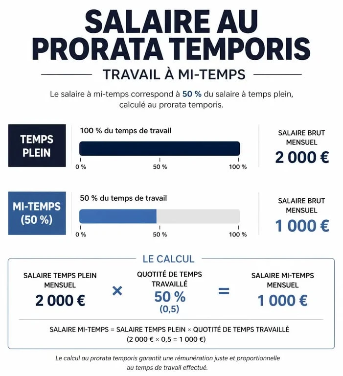 Infographie explicative du calcul du salaire à mi-temps et prorata temporis