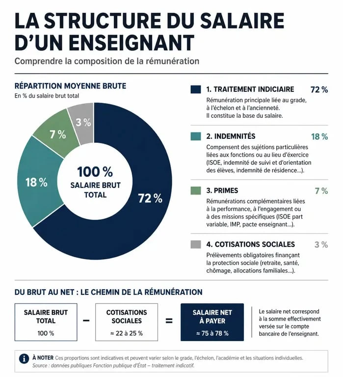 Schéma explicatif du calcul salaire prof : traitement indiciaire, primes et cotisations sociales