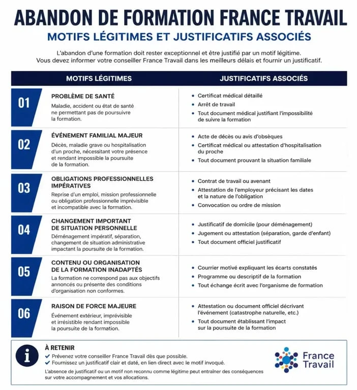 Infographie récapitulative des motifs d'abandon de formation France Travail et justificatifs à fournir