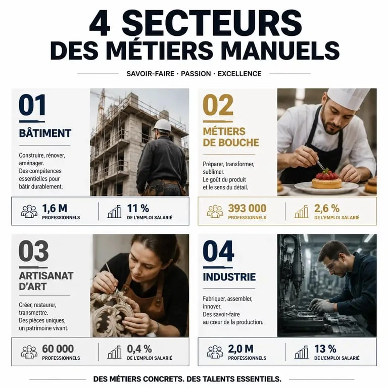 Infographie récapitulative des secteurs porteurs pour un métier manuel : bâtiment, artisanat d'art, métiers de bouche et industrie.