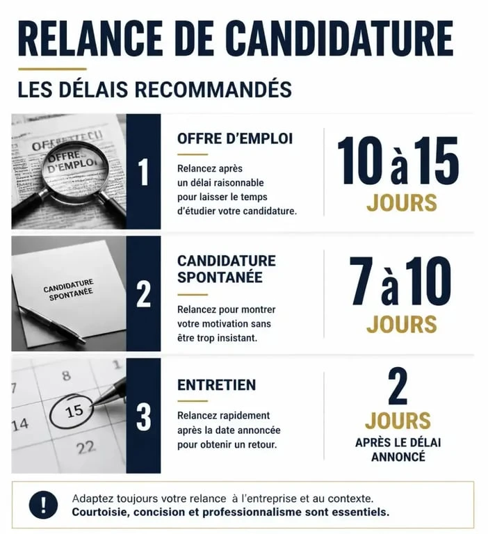 Infographie des délais recommandés pour une relance mail candidature